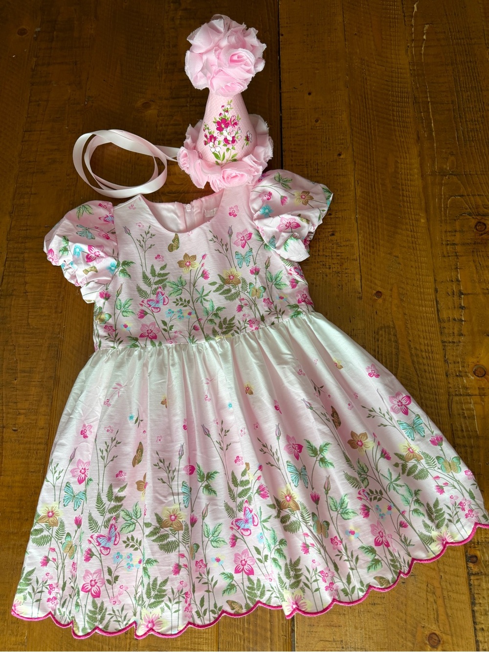 Girls 4T dress Botanical Floral Butterfly with handmade Birthday hat